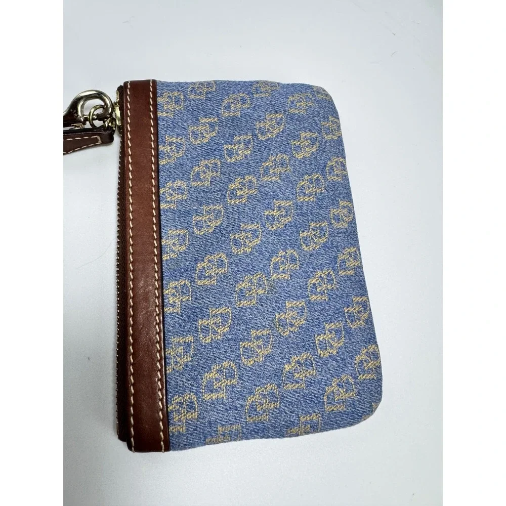Dooney & Bourke Blue Denim Monogram Wristlet Pouch Brown Leather Trim Logo NWOT